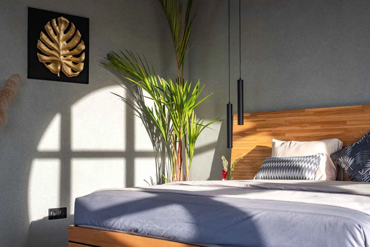 Morning light across the bed, palm shadows on the wall